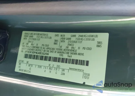 2020 Ford F-150 Xl из США, поврежденный, VIN 1FTEX1EP4LKE32256